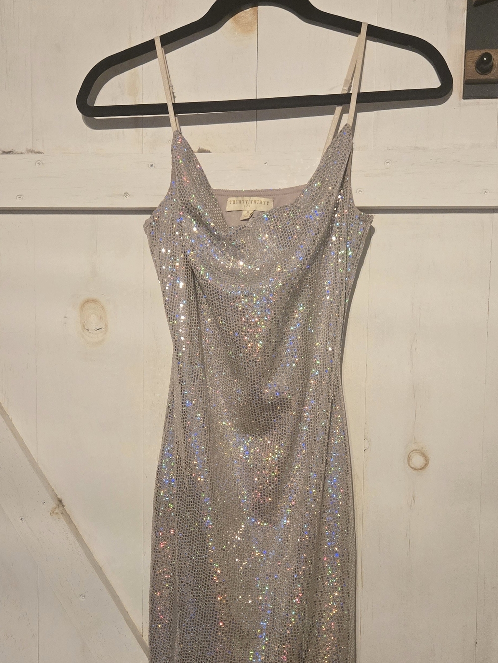 Worn Once Thirty Thirty SUPER Sparkley Cowl-Neck Sequin Slip Dress - Silver
